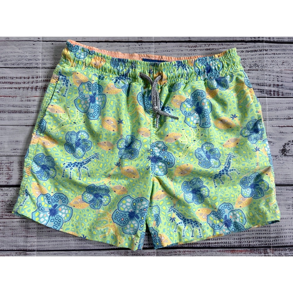 Michaels Swim Trunks Boys Size M Green Giraffe Hibiscus Floral Drawstring Shorts